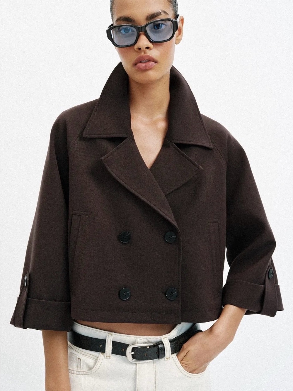 Zara NWT Chocolate Brown Cropped Double Breasted Tailored Jacket